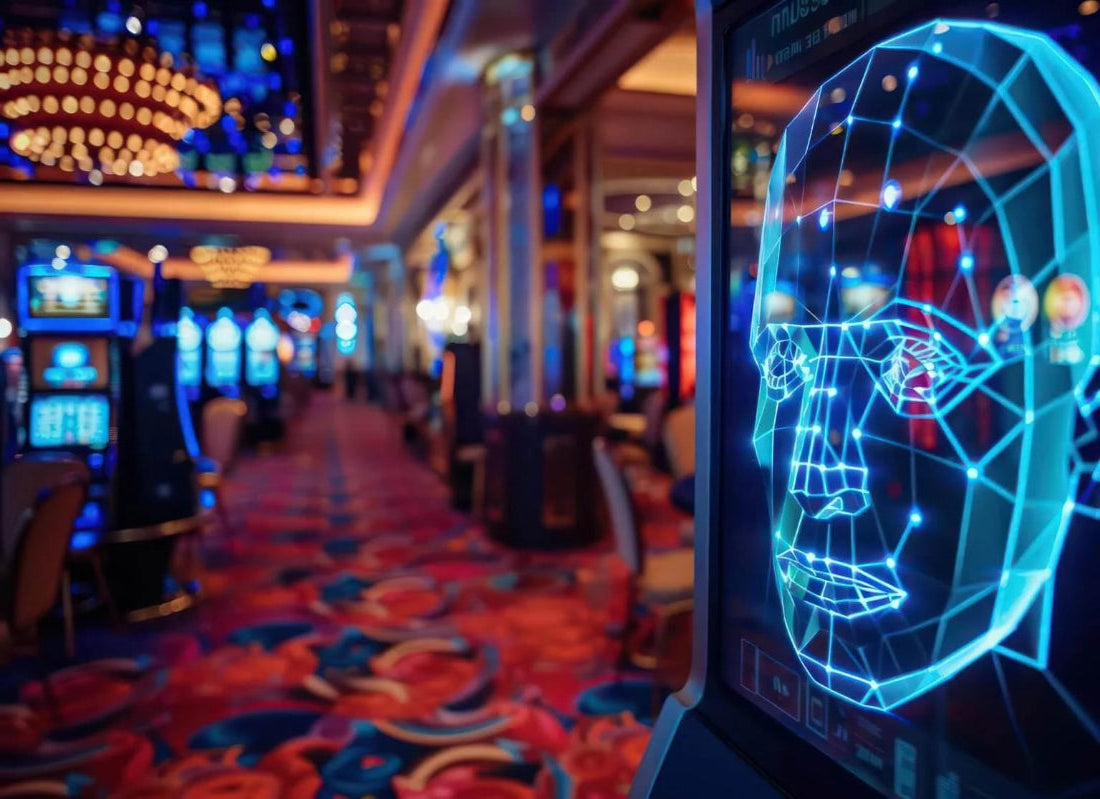 Casino floor CCTV camera with advanced facial recognition overlay.